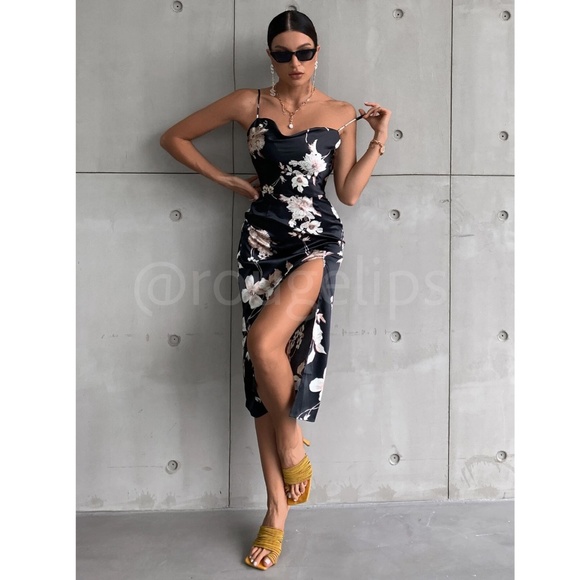 Floral Print Cowl Neckline Cami Satin Midi Dress Black Leg Slit - Picture 4 of 8